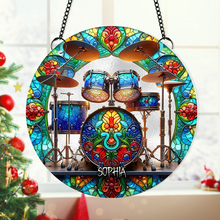 Load image into Gallery viewer, Personalized Suncatcher Ornament for Drum Lovers - Skeleton Drummer Design Suncatcher PopCulturePrints