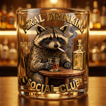 Load image into Gallery viewer, “Raise a Glass with the Moody Drinking Raccoon” - Personalized Round Glass - Gift for Drinking Lovers Glass PopCulturePrints