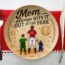 Load image into Gallery viewer, Mom Always Hits It Out Of The Park - Personalized Baseball Mom Ceramic Round Plate Gift Ceramic Round Plate PopCulturePrints