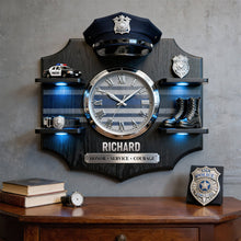 Load image into Gallery viewer, Honor, Service, Courage – Personalized Police Appreciation Acrylic Clock Gift for Officers Hanging Wall Clock PopCulturePrints