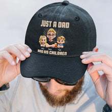 Load image into Gallery viewer, Just A Dad And His Girl - Personalized Vintage Washed Denim Cap Vintage Washed Denim Cap PopCulturePrints