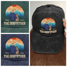 Load image into Gallery viewer, "A Gift that Speaks Volumes - The Dogfather Personalized Vintage Washed Denim Cap - Gift for Dad, Grandpa, and Dog Lovers" Vintage Washed Denim Cap PopCulturePrints
