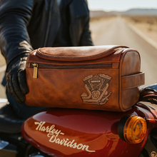 Load image into Gallery viewer, "Adventure Awaits: Personalize Your Ride" - Motorcycle Mechanical Men Leather Toiletry Bag, Perfect Gift for Bikers Toiletry Bag PopCulturePrints