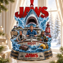 Load image into Gallery viewer, “Courage Meets Adventure” - Personalized Jaws 50th Anniversary Ornament - Custom Gift for Movie Lovers, Families, and Friends Ornament PopCulturePrints