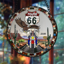 Load image into Gallery viewer, Personalized Route 66 Biker Suncatcher - Skull Motorcycle Stained Glass Suncatcher PopCulturePrints