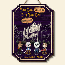 Load image into Gallery viewer, Custom Halloween Family Wooden Sign - Haunted Check-In Theme Wood Sign PopCulturePrints
