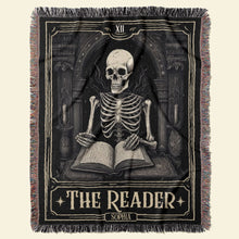 Load image into Gallery viewer, Personalized Reader's Skeleton Woven Blanket - Halloween Gift for Book Lovers Blanket PopCulturePrints