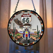 Load image into Gallery viewer, Personalized Route 66 Biker Suncatcher - Skull Motorcycle Stained Glass Suncatcher PopCulturePrints