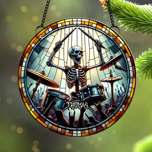 Load image into Gallery viewer, Personalized Suncatcher Ornament for Drum Lovers - Skeleton Drummer Design Suncatcher PopCulturePrints