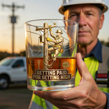 Load image into Gallery viewer, "Getting Paid for Getting High" - Proud Lineman Round Glass - Personalized Gift for Workers Glass PopCulturePrints