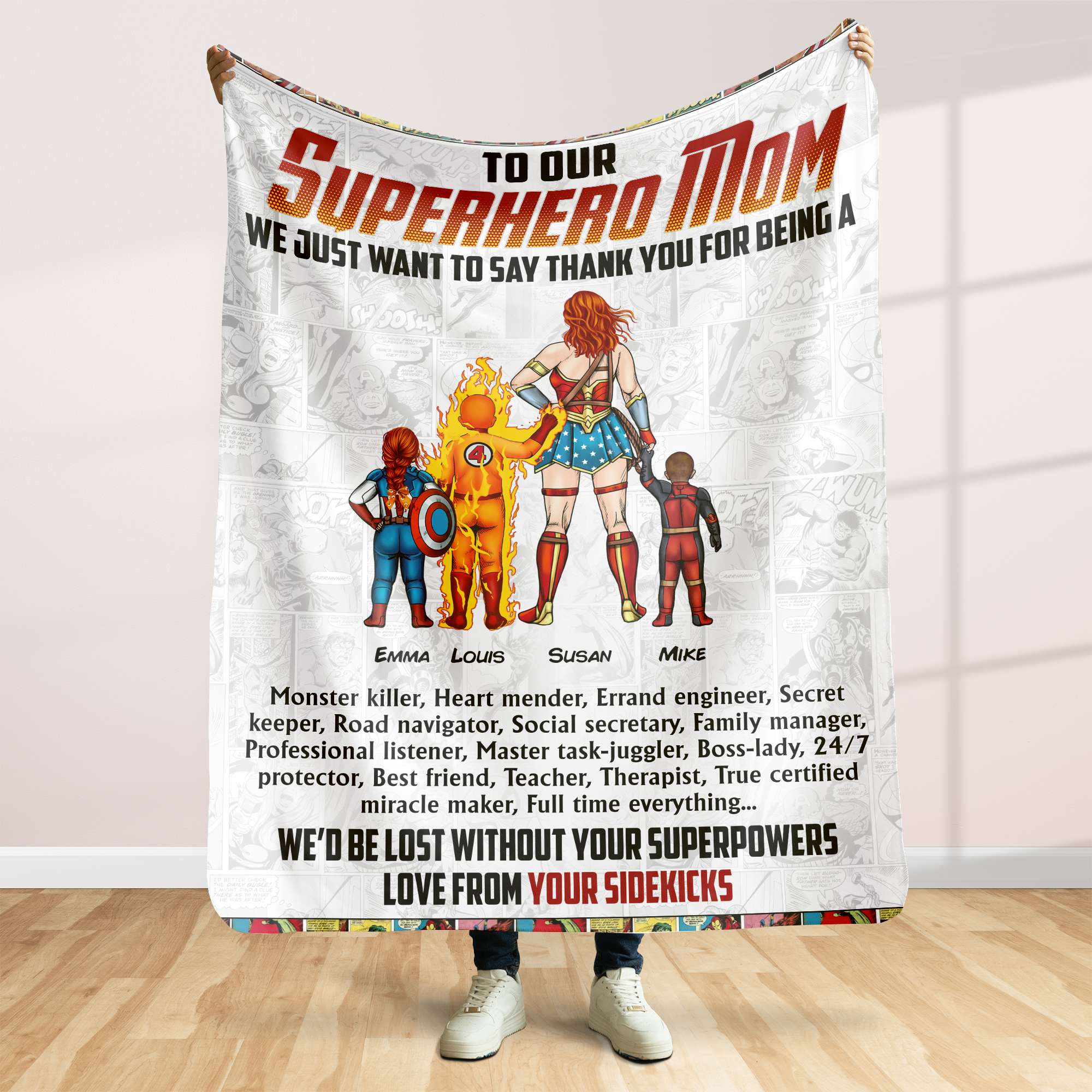 Superhero Mom Personalized Blanket - Custom Names Gift Blanket PopCulturePrints