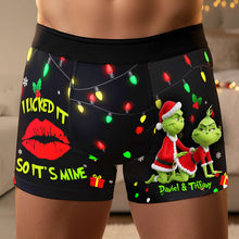 Load image into Gallery viewer, Christmas Cheer with a Grinchy Twist - Playful Green Couple Boxers | Personalized Gift for Him Boxer Briefs PopCulturePrints