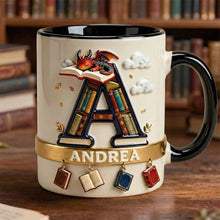 Load image into Gallery viewer, Ignite Your Imagination with Our Vintage Book Dragon Initial Letter Mug - Personalized Gift for Book Lovers Coffee Mug PopCulturePrints