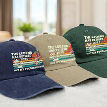 Load image into Gallery viewer, The Legend Has Retired 2025 - Personalized Vintage Washed Denim Cap for Dads and Grandpas Vintage Washed Denim Cap PopCulturePrints