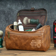 Load image into Gallery viewer, “Best Buckin’ Dad Ever!” - Personalized Leather Toiletry Bag for Hunting Dads, Gift for Dad, Grandpa, and Father’s Day Toiletry Bag PopCulturePrints