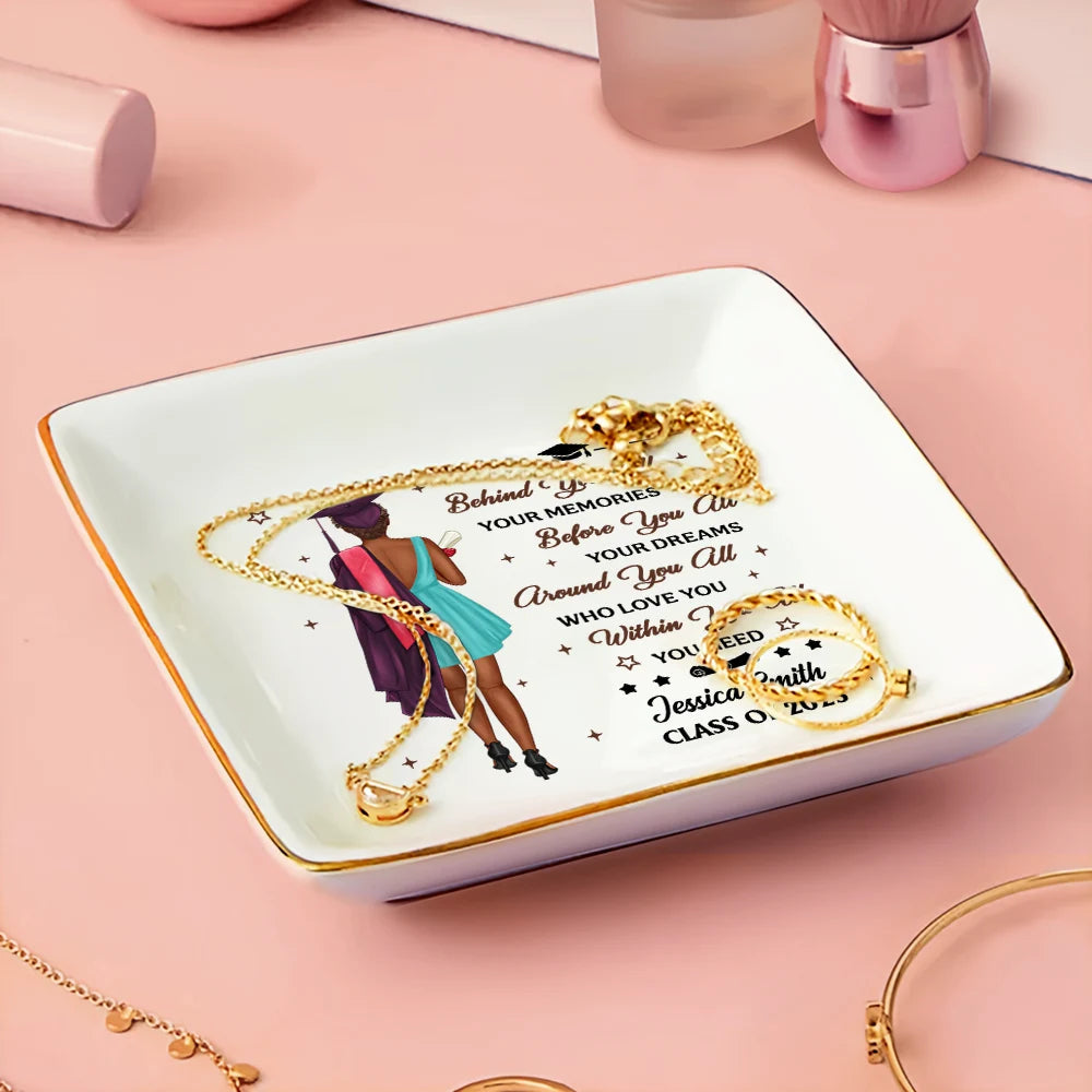 "Behind You All Your Memories" - Personalized Ring Dish - Perfect Gift for Graduates, Moms, and Grandmas Ring Dish PopCulturePrints