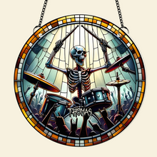 Load image into Gallery viewer, Personalized Suncatcher Ornament for Drum Lovers - Skeleton Drummer Design Suncatcher PopCulturePrints
