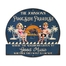 Load image into Gallery viewer, Poolside Paradise: Personalized Metal Sign for Couples Metal Sign PopCulturePrints