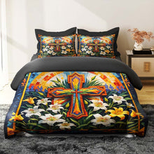 Load image into Gallery viewer, Personalized Christian Quilt Bedding Set - Cross & Lilies Design Blanket PopCulturePrints