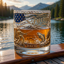 Load image into Gallery viewer, Hooked On Freedom - Personalized Round Glass for Fishing Lovers Glass PopCulturePrints