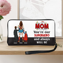 Load image into Gallery viewer, "Mom, You're Our Superhero and Always Will Be" - Personalized Leather Wallet - Gift for Mom, Grandma, and Special Women Leather Wallet PopCulturePrints