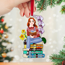 Load image into Gallery viewer, Custom Book Lover Christmas Ornament - Girl Reading on Book Stack Ornament PopCulturePrints