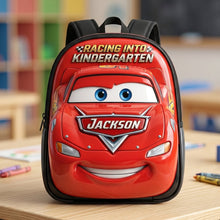 Load image into Gallery viewer, Racing into Kindergarten - Personalized Kids School Bag Backpack PopCulturePrints
