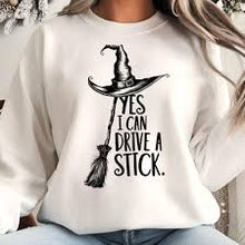 Load image into Gallery viewer, Yes I Can Drive a Stick - Funny Witch Shirt - Customizable Gift for Girlfriend, Wife, or Halloween Enthusiasts Shirts PopCulturePrints