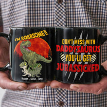 Load image into Gallery viewer, Roaring Daddysaurus Personalized Black Mug Coffee Mug PopCulturePrints