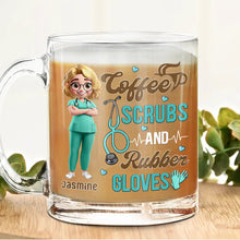 Load image into Gallery viewer, Coffee, Scrubs, and Rubber Gloves - Custom Personalized Glass Mug for Healthcare Heroes Glass Mug PopCulturePrints