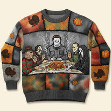 Load image into Gallery viewer, "Celebrate Horror with Thanksgiving Spirit" - Personalized Slashers Ugly Sweater for Horror Lovers AOP Products PopCulturePrints