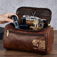 Load image into Gallery viewer, "Fishing with Dad: A Personalized Touch for Every Adventure" - Fishing Dad Leather Toiletry Bag - Custom Gift for Dad & Grandpa Toiletry Bag PopCulturePrints