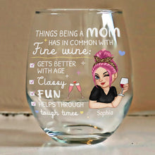 Load image into Gallery viewer, Things Being a Mom Has in Common with Fine Wine - Personalized Stemless Wine Glass - Gift for Mom, Grandma, Special Occasions Wine Glass PopCulturePrints
