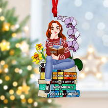 Load image into Gallery viewer, Custom Book Lover Christmas Ornament - Girl Reading on Book Stack Ornament PopCulturePrints