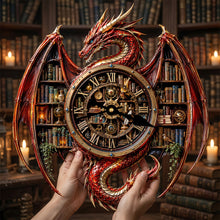 Load image into Gallery viewer, “Time is the essence of knowledge” - Vintage Dragon Bookstore Wall Hanging Clock, Personalized Gift for Book Lovers Hanging Wall Clock PopCulturePrints