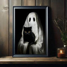 Load image into Gallery viewer, Mystical Black Cat & Ghost Canvas Print - Halloween Decor Poster & Canvas PopCulturePrints