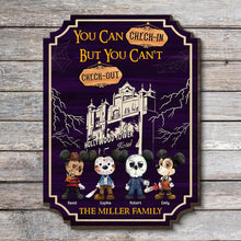 Load image into Gallery viewer, Custom Halloween Family Wooden Sign - Haunted Check-In Theme Wood Sign PopCulturePrints