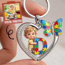 Load image into Gallery viewer, Personalized Love for Autism - Heart Alphabet Keychain with Custom Photo Keychains PopCulturePrints