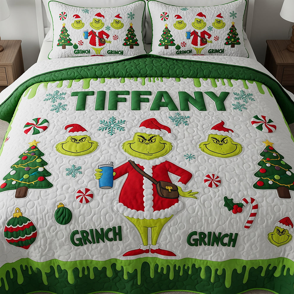 "Spread Holiday Cheer!" - Personalized Grinch Quilt Bed Set - Custom Christmas Gift for Movie Lovers Bedding Set PopCulturePrints