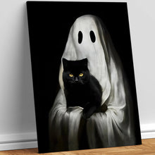 Load image into Gallery viewer, Mystical Black Cat & Ghost Canvas Print - Halloween Decor Poster & Canvas PopCulturePrints