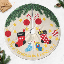 Load image into Gallery viewer, Celebrate Your First Christmas as a Family of 4 - Personalized Holiday Stocking Quilted Tree Skirt Tree Skirt PopCulturePrints