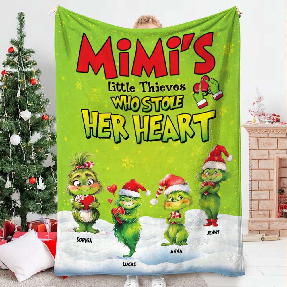 Mimi's Little Thieves who Stole Her Heart, Personalized Blanket for Grandma, Green Kids Christmas Blanket Blanket PopCulturePrints