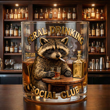 Load image into Gallery viewer, “Raise a Glass with the Moody Drinking Raccoon” - Personalized Round Glass - Gift for Drinking Lovers Glass PopCulturePrints