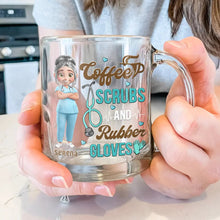 Load image into Gallery viewer, Coffee, Scrubs, and Rubber Gloves - Custom Personalized Glass Mug for Healthcare Heroes Glass Mug PopCulturePrints