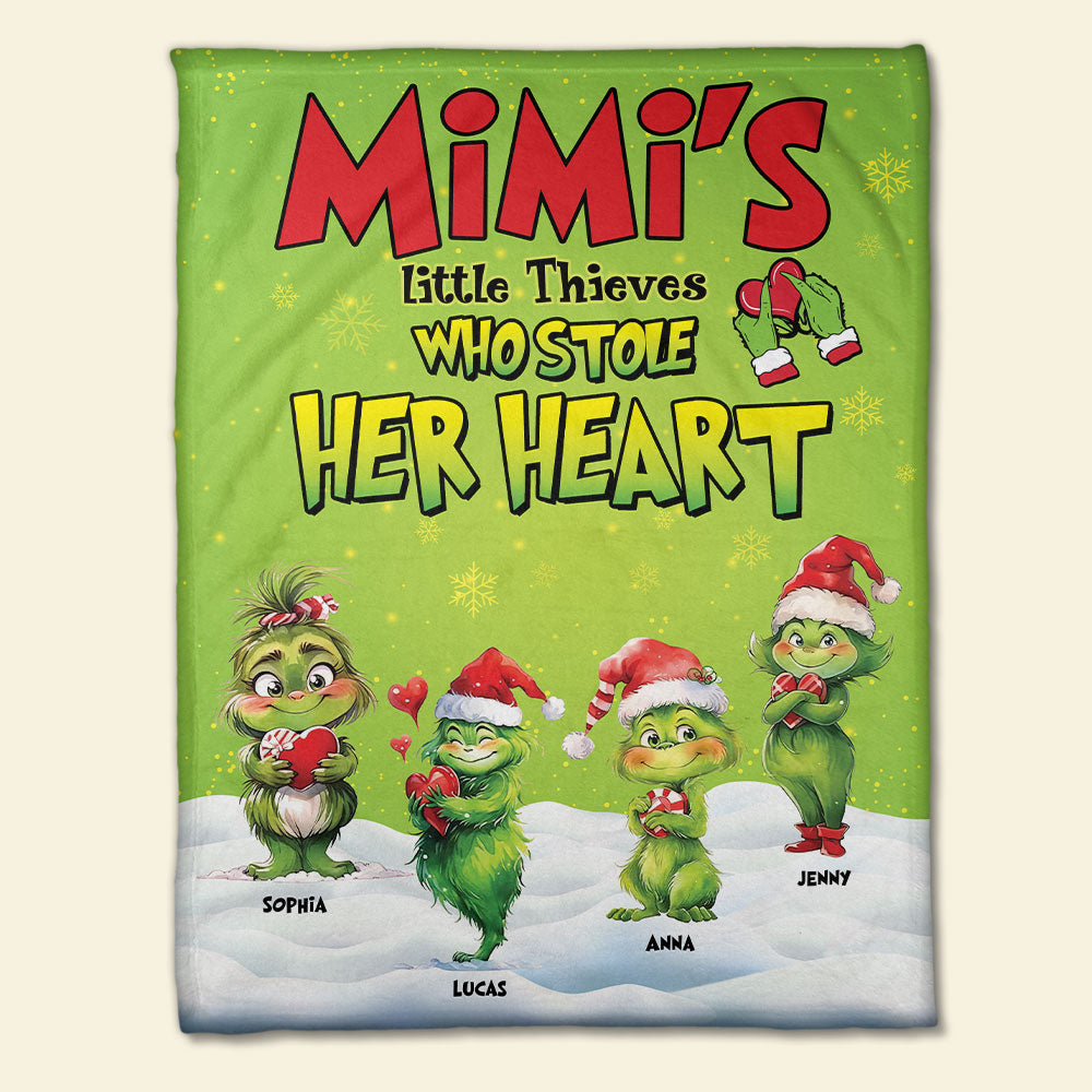 Mimi's Little Thieves who Stole Her Heart, Personalized Blanket for Grandma, Green Kids Christmas Blanket Blanket PopCulturePrints