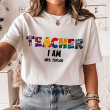 Load image into Gallery viewer, Custom Teacher Shirt with Superhero Alphabet Design Shirts PopCulturePrints