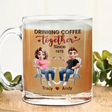Load image into Gallery viewer, ‘Drinking Coffee Together Since 1975’ - Personalized Glass Mug for Couples Glass Mug PopCulturePrints