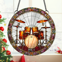 Load image into Gallery viewer, Personalized Suncatcher Ornament for Drum Lovers - Skeleton Drummer Design Suncatcher PopCulturePrints