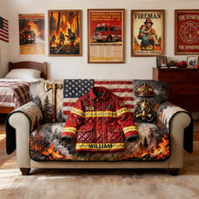 Load image into Gallery viewer, “Brave the Flames!” - Firefighter Quilted Sofa Cover - Personalized Gift for Firefighters and Heroic Souls Sofa Cover PopCulturePrints