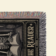 Load image into Gallery viewer, Personalized Reader's Skeleton Woven Blanket - Halloween Gift for Book Lovers Blanket PopCulturePrints